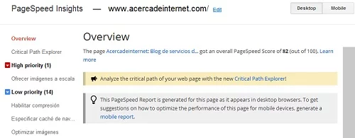 Resultados de la prueba de Pagespeed para Acercadeinternet.com
